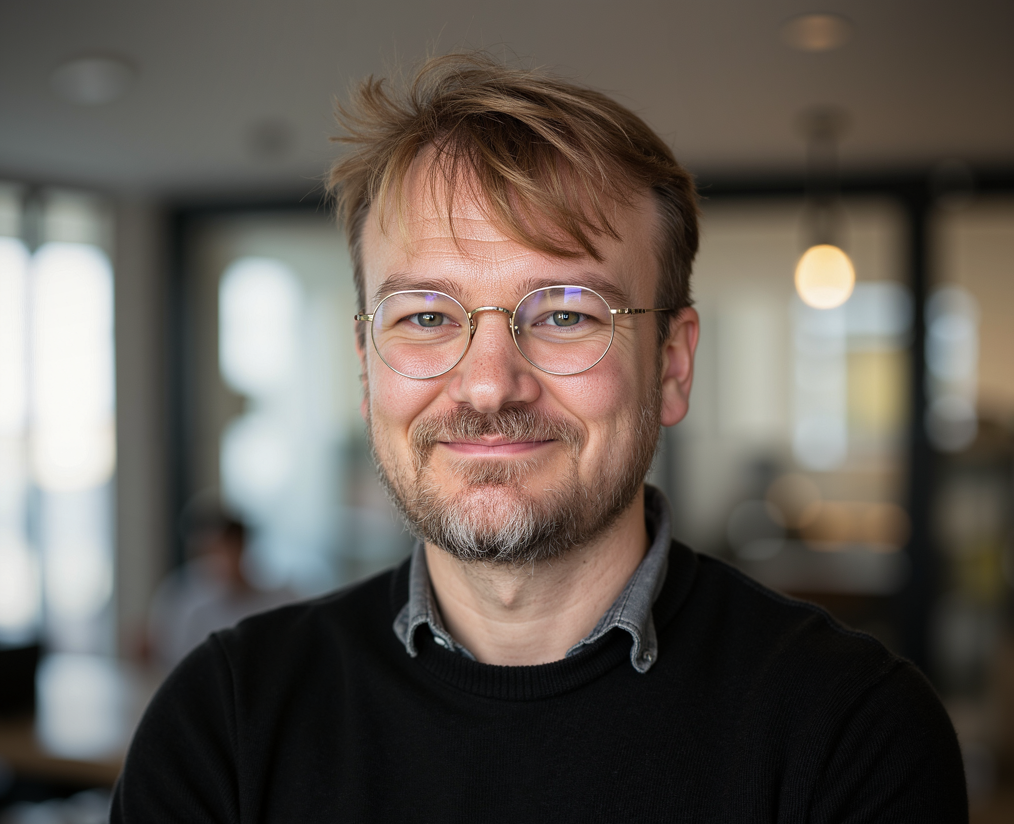Close-up of a smiling young man with glasses, light brown hair, and a beard, wearing a black sweater and a collared shirt, in an indoor setting with blurred background.