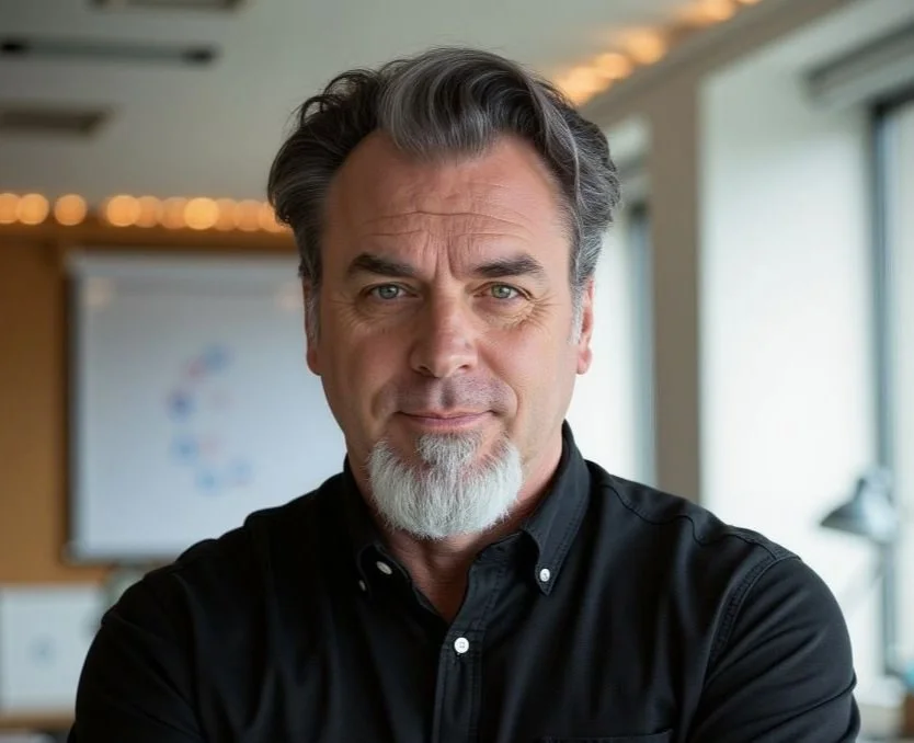 A man with gray hair and a beard, wearing a black shirt, standing in a well-lit indoor space, possibly an office, with large windows and a blurred background.