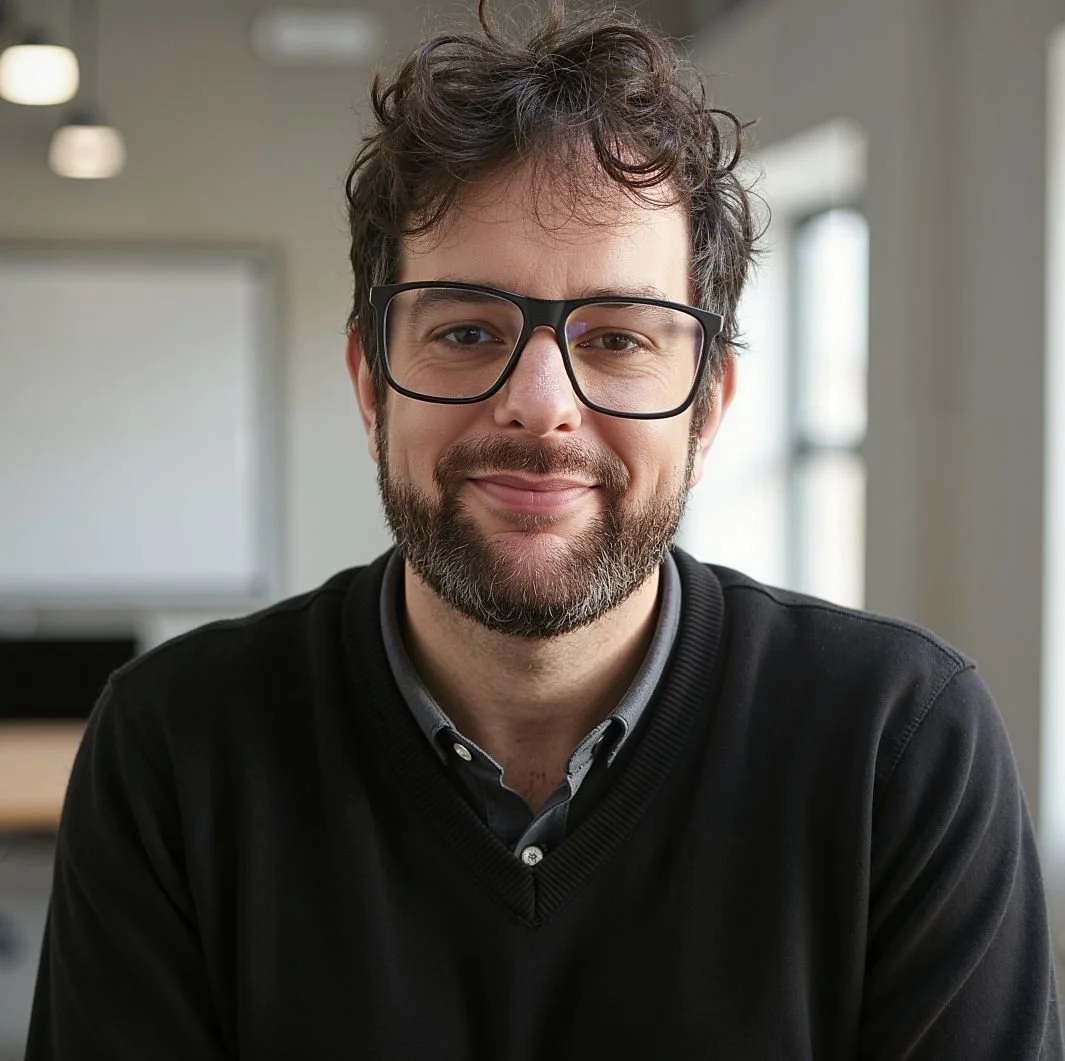 A man with dark curly hair, glasses, and a beard, smiling in an indoor setting with windows and lights in the background.
