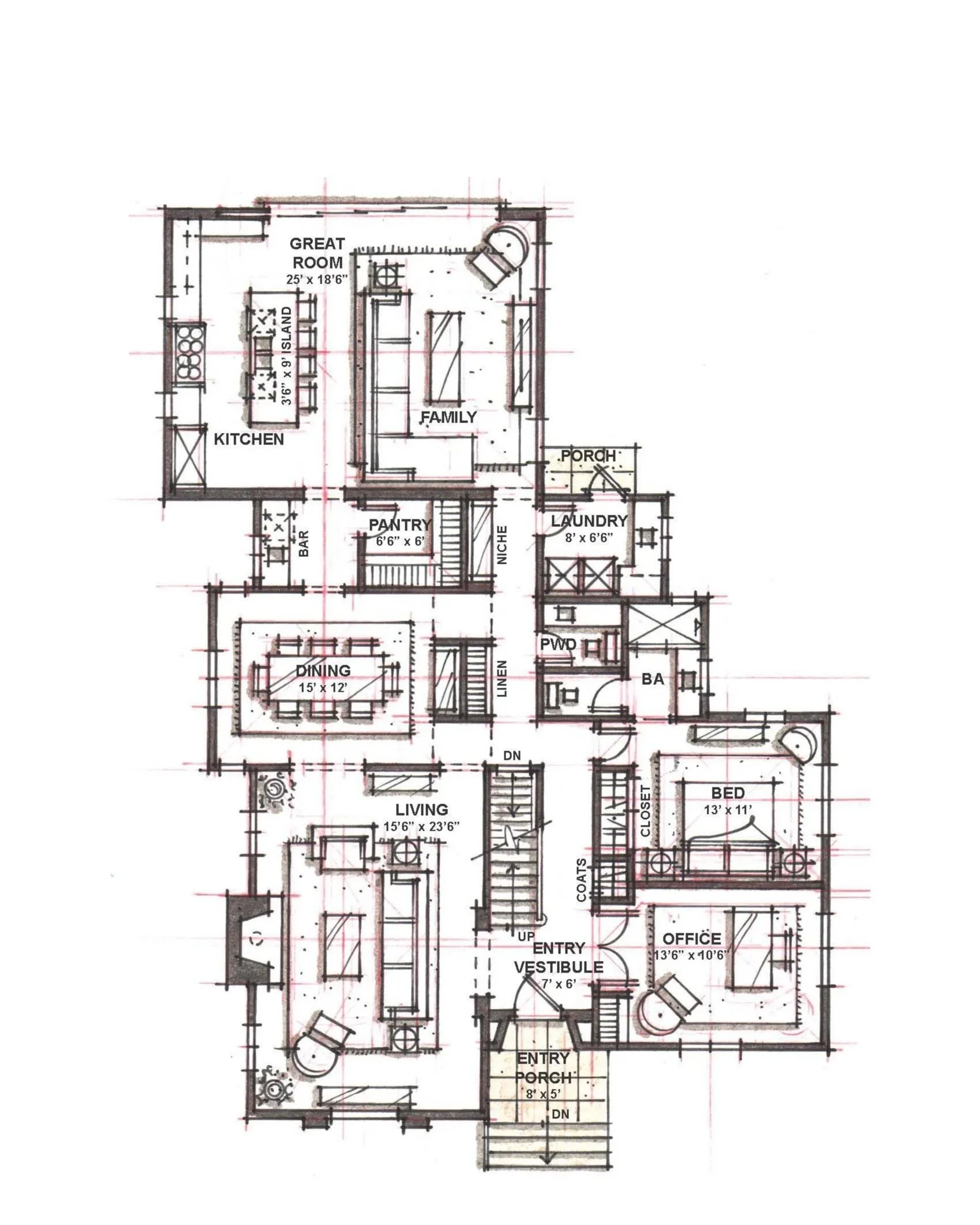 Floor plan of a house with labeled rooms including living room, dining area, kitchen, pantry, family room, laundry, porch, bedroom, office, vestibule, entry, bathroom, and stairs.
