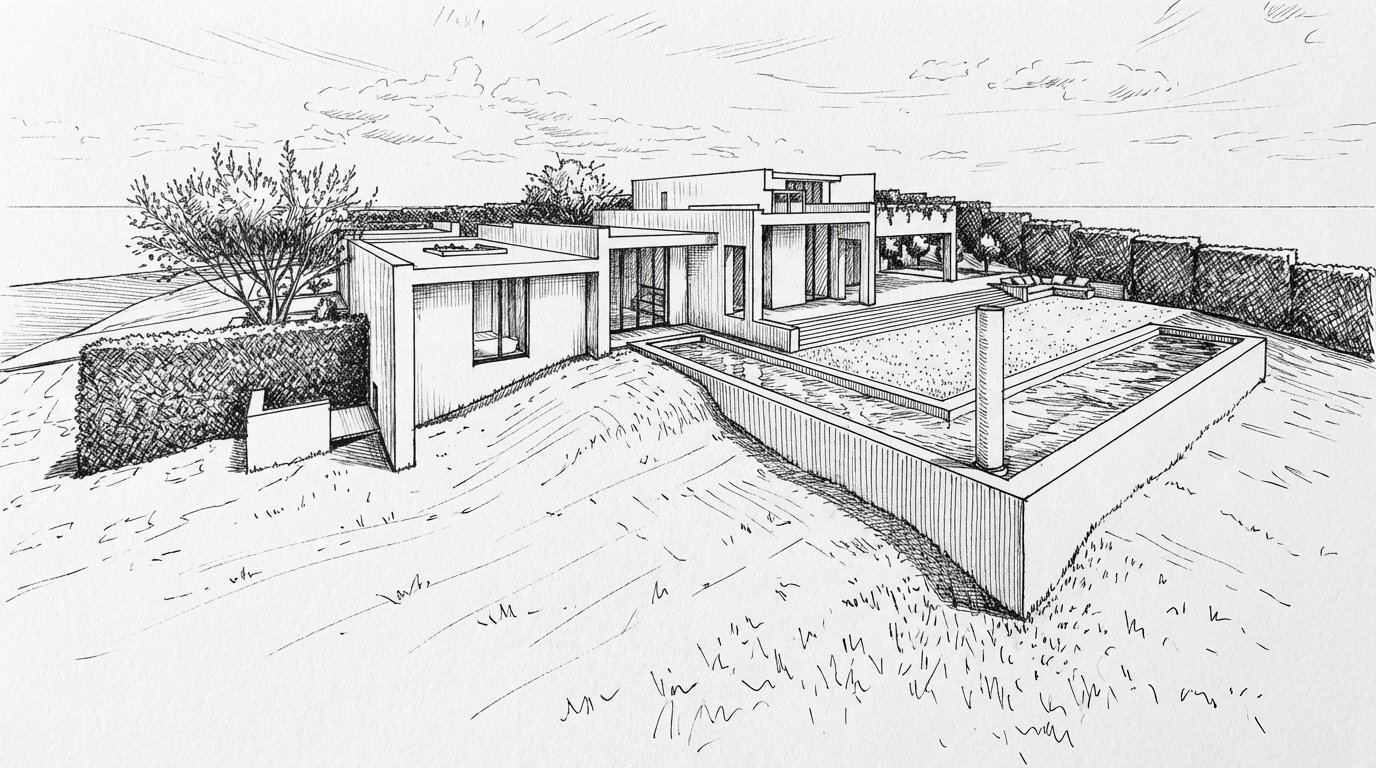 A detailed black and white sketch of a modern house with clean lines, large windows, and an outdoor area, including a rectangular pool or water feature and a grassy yard, with private fencing and some trees in the background.