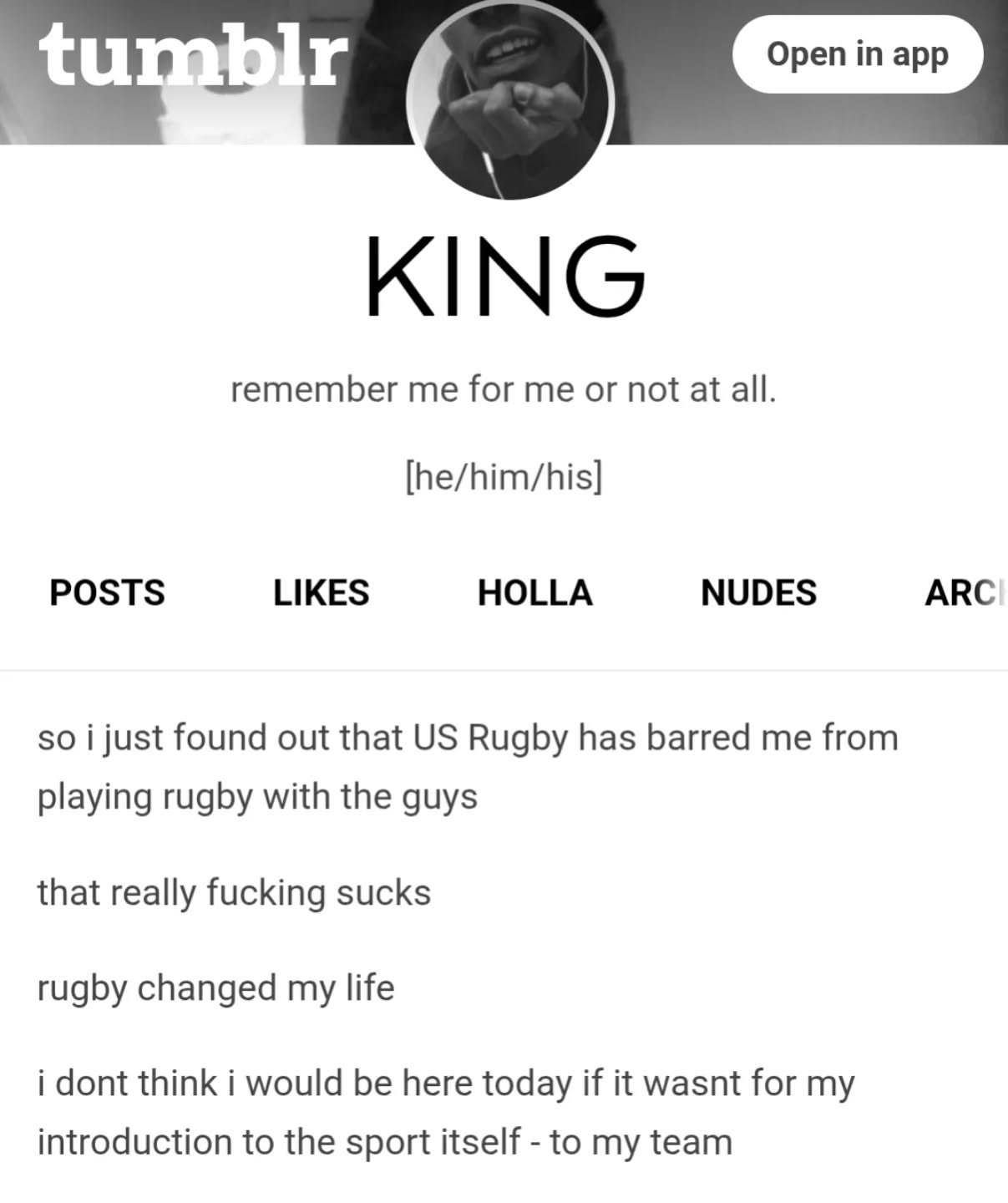 Opening words to a public Tumblr post Blake Brockington wrote when US Rugby barred him from competing with this team. And he is no longer here today. This is nearly a decade ago and here we are in history. The debate of including trans people in spor