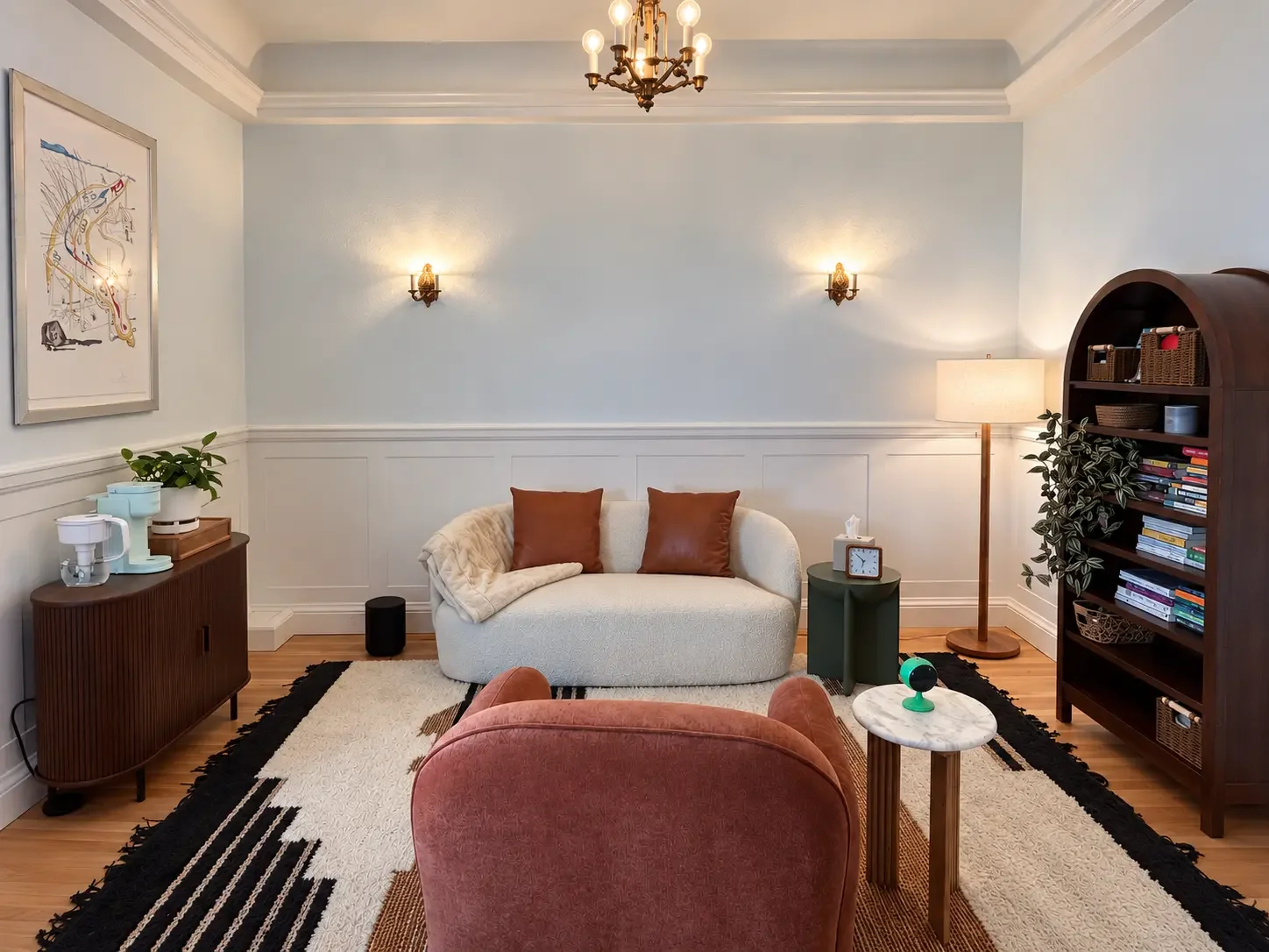 In-person therapy office in Nob Hill, San Francisco, with seating for individual and couples therapy.