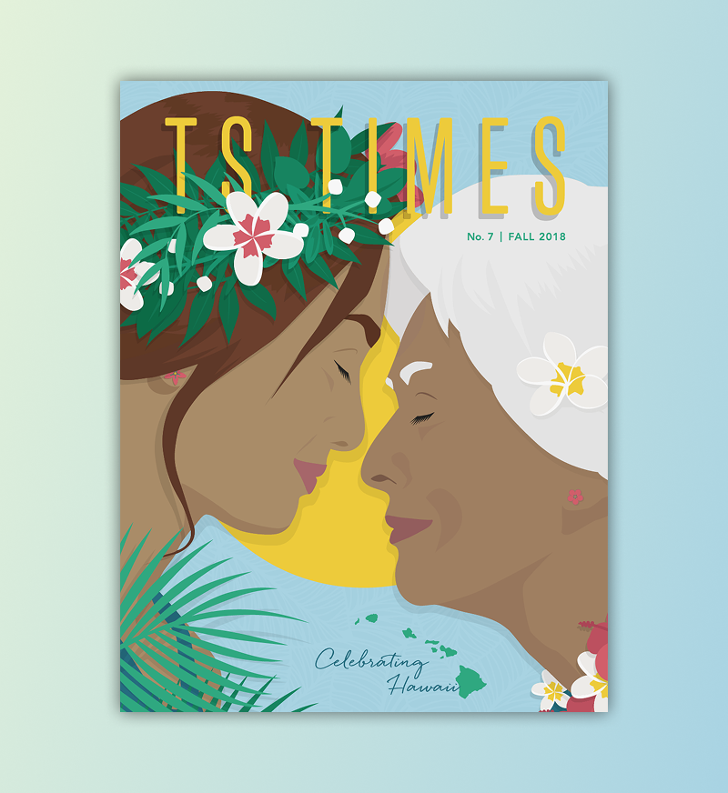 image of illustrated T S Times cover with two women exchanging honi greeting