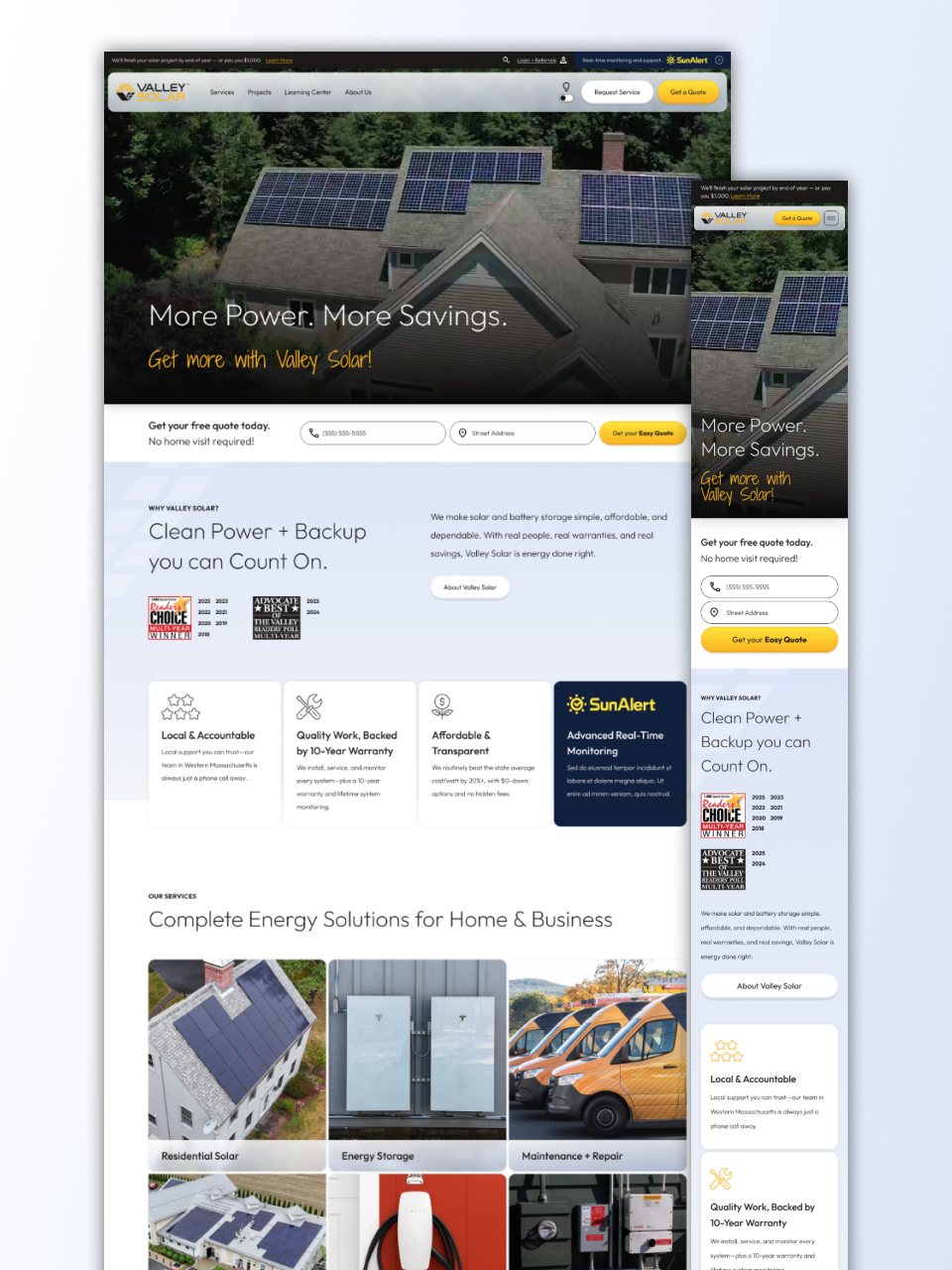 image of valley solar homepage light mode