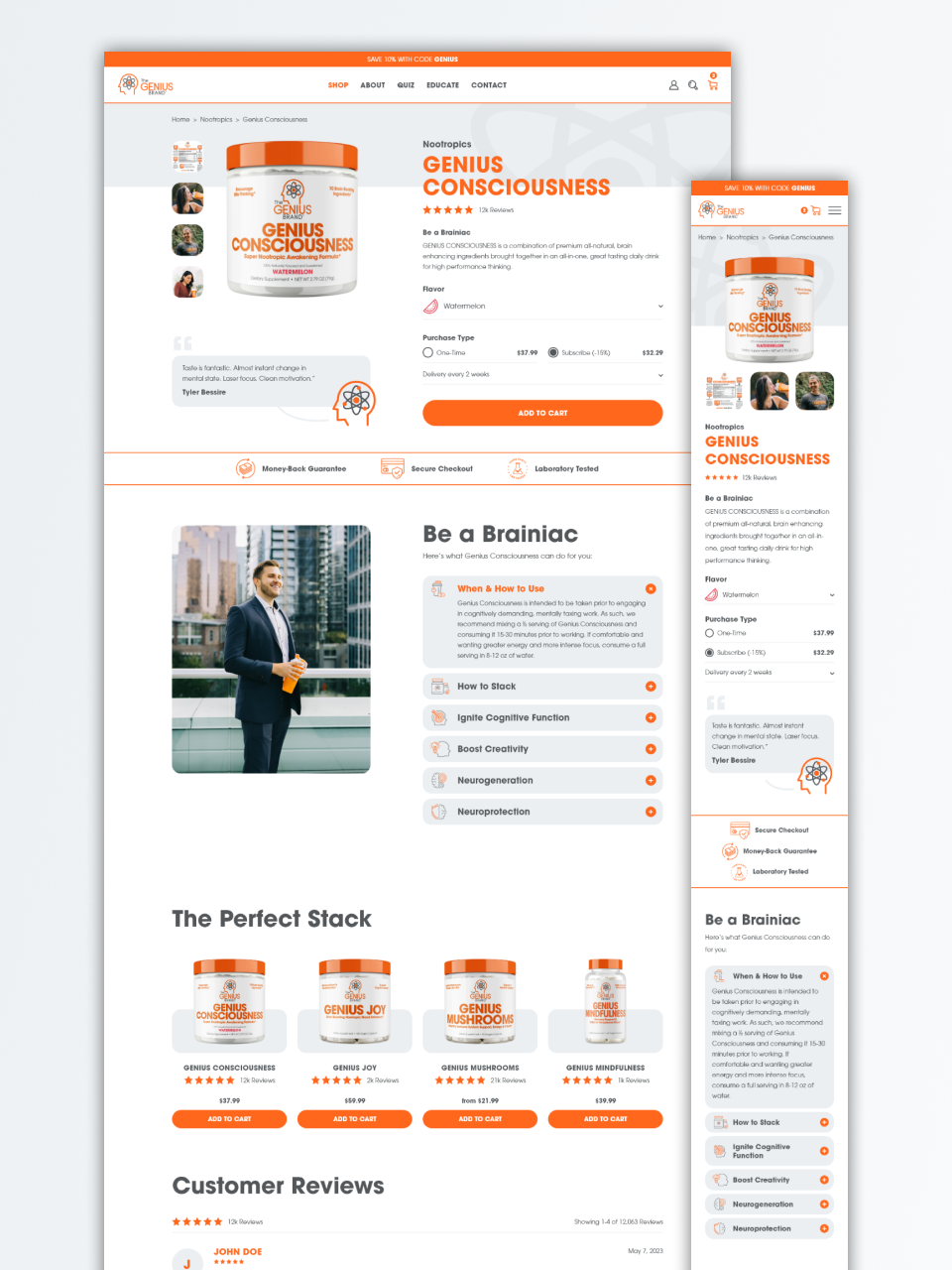 desktop and mobile view of The Genius Brand website product page