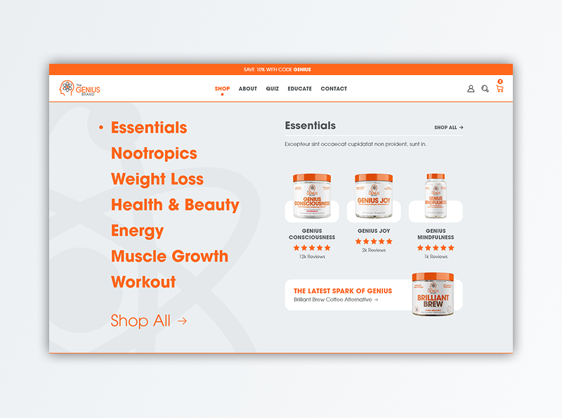 view of The Genius Brand website megamenu