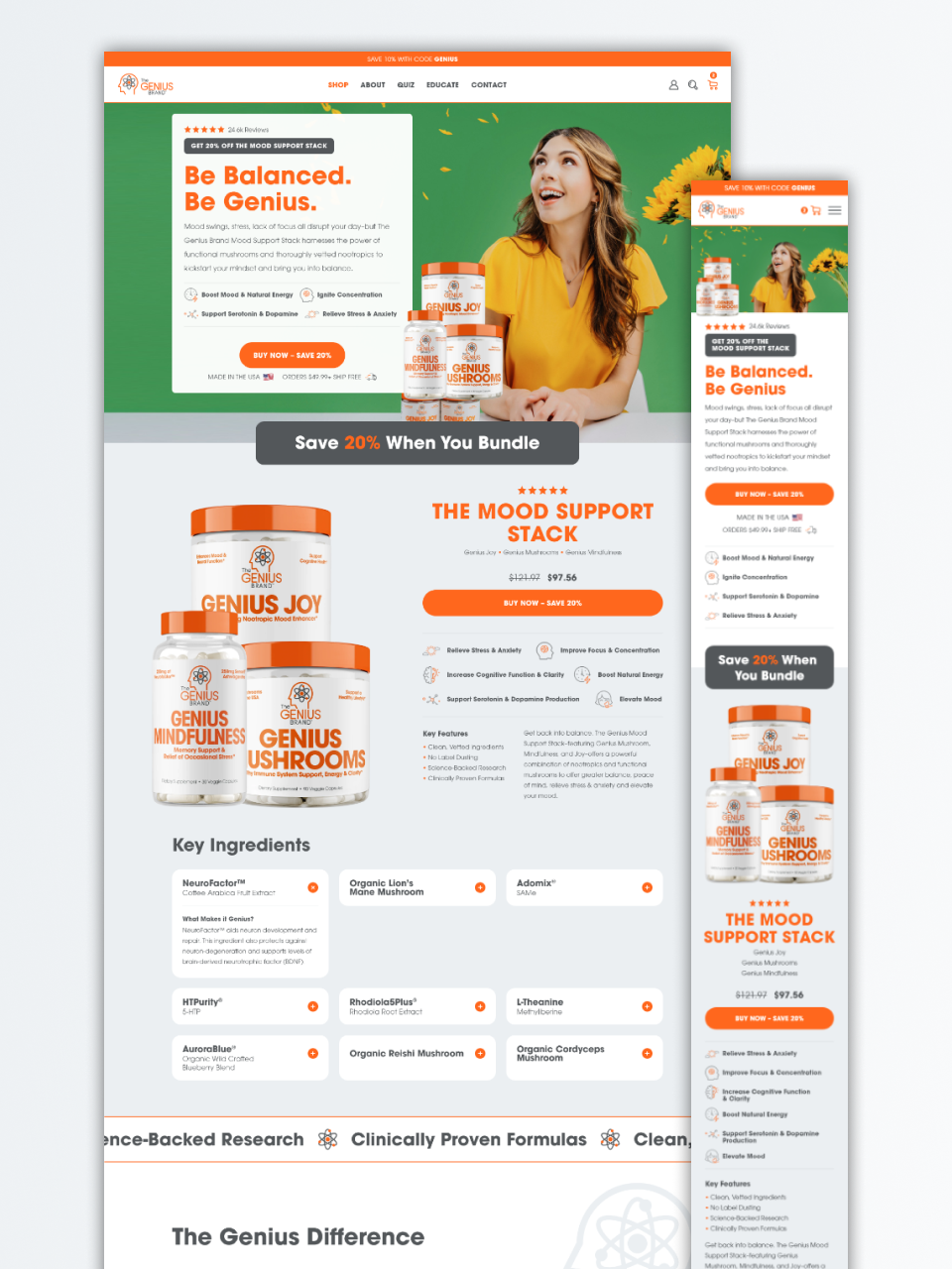 desktop and mobile view of The Genius Brand website landing page
