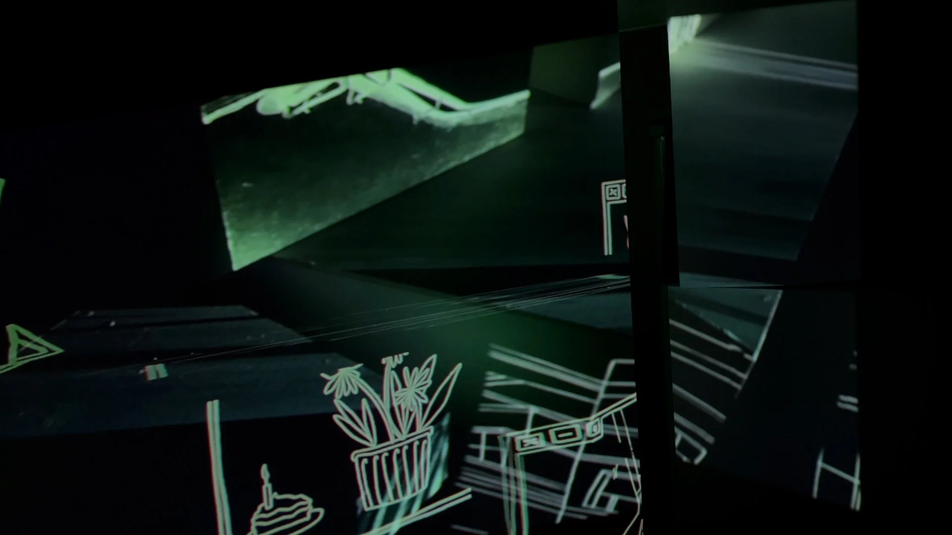 Dark digital art with neon green and pink outlines of various objects, including a potted plant, a cake, and geometric shapes, arranged in a layered, abstract composition.