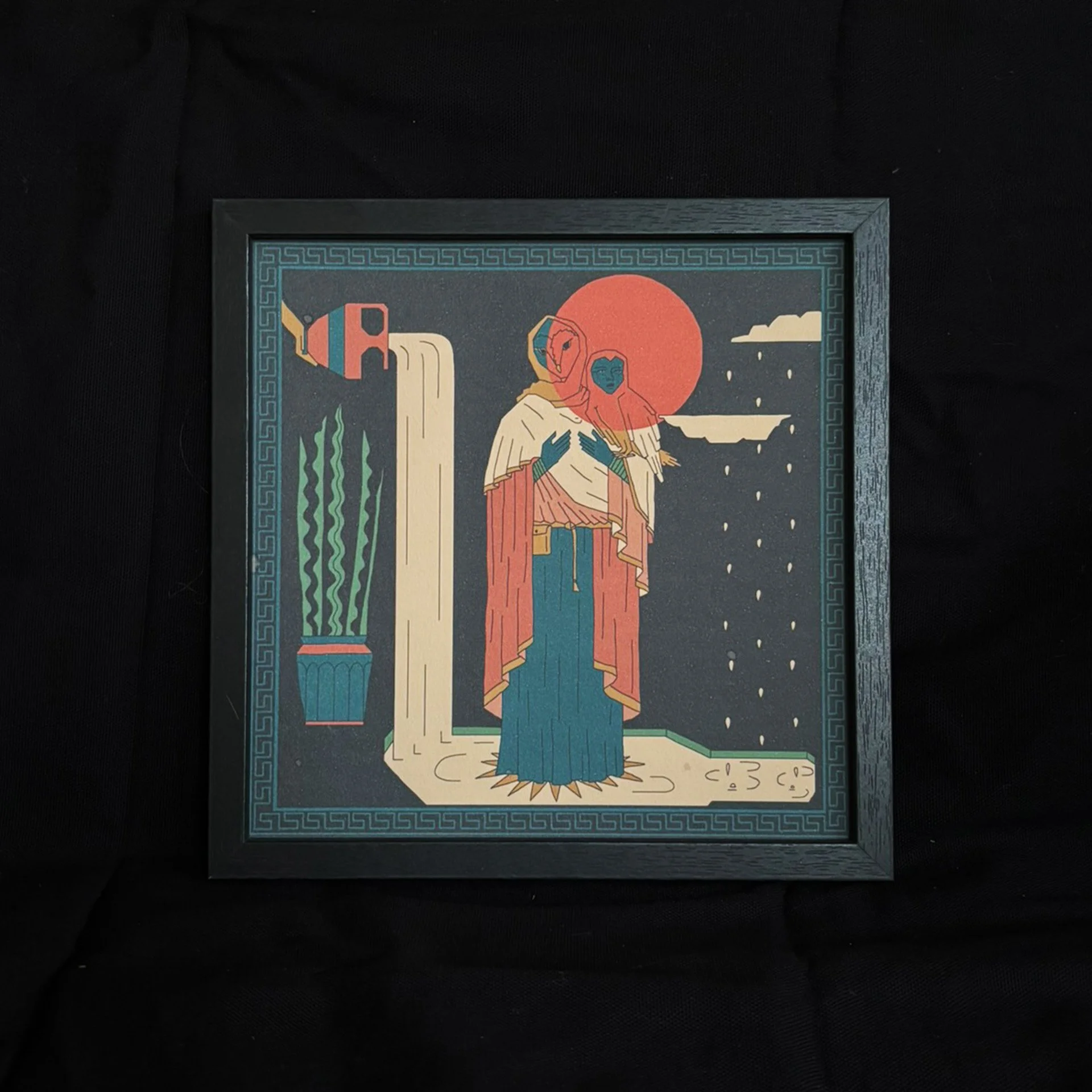 A framed digital art piece featuring two figures with long hair, standing in front of a large red circle and a waterfall, with a plant on the side, all in a stylized, modern illustration style.
