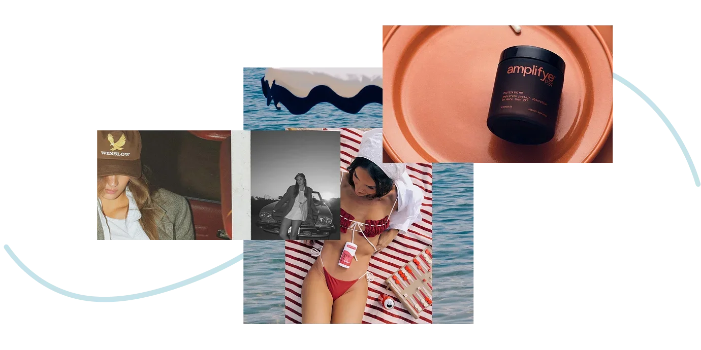 Collage featuring a woman in a red bikini on a striped towel at the beach, a black container labeled 'amplifye' on a pink plate, a woman with a cap and a suit, a boat in the water, a close-up of a woman with sunglasses, and a black-and-white photo of a woman sitting on a car.
