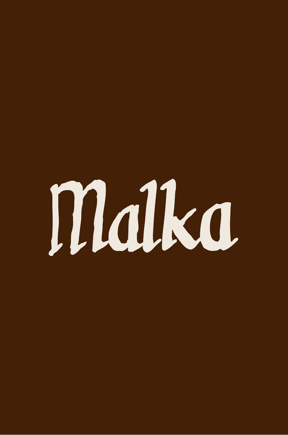 A chocolate bar wrapper with the word 'Malka' written in cursive font.
