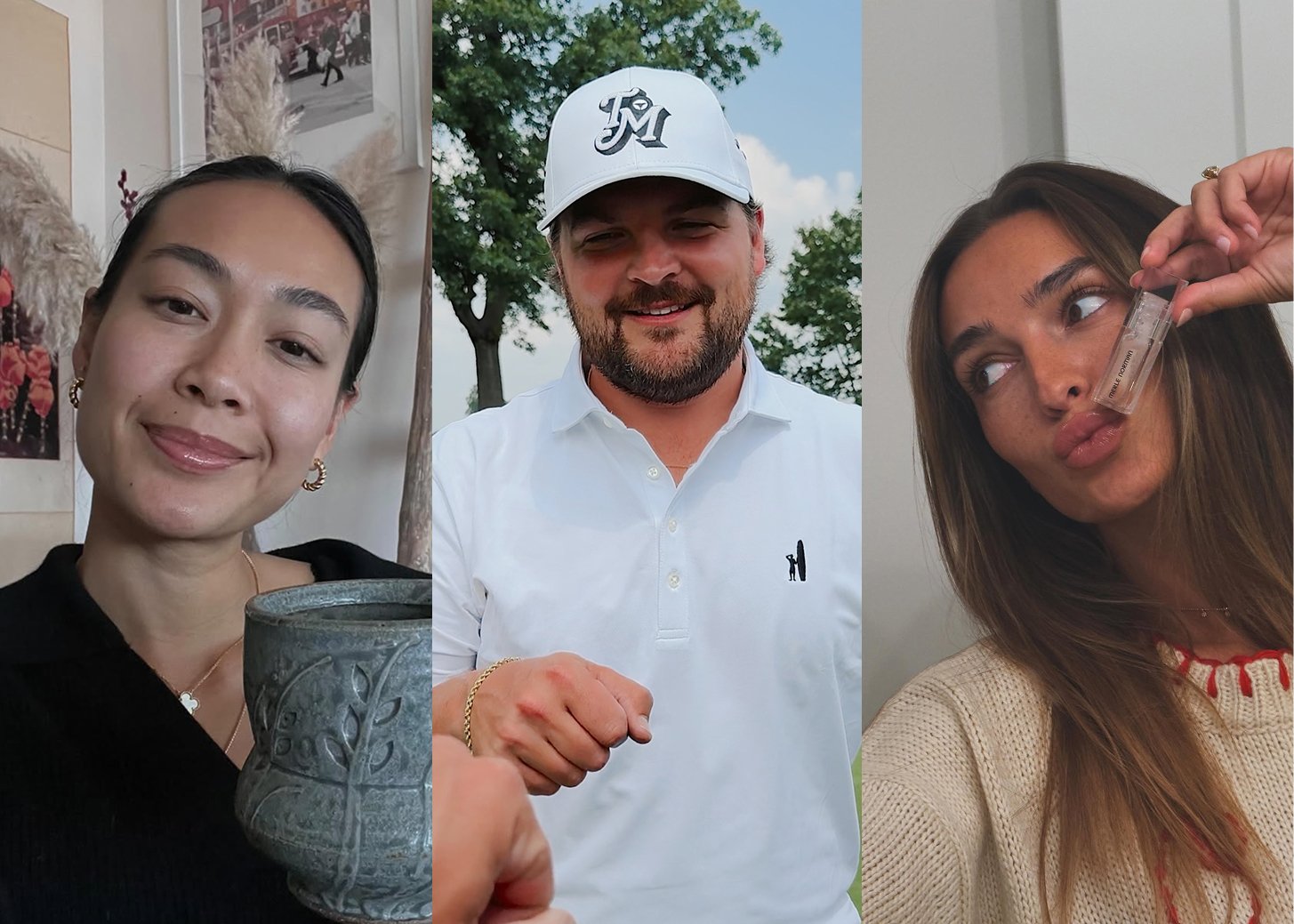 Three people are in the photo: a woman holding a cup, a man wearing a white polo shirt and cap outdoors, and a woman holding a test tube inside. The background of the middle person has trees and a sky, while the other backgrounds show indoor settings.