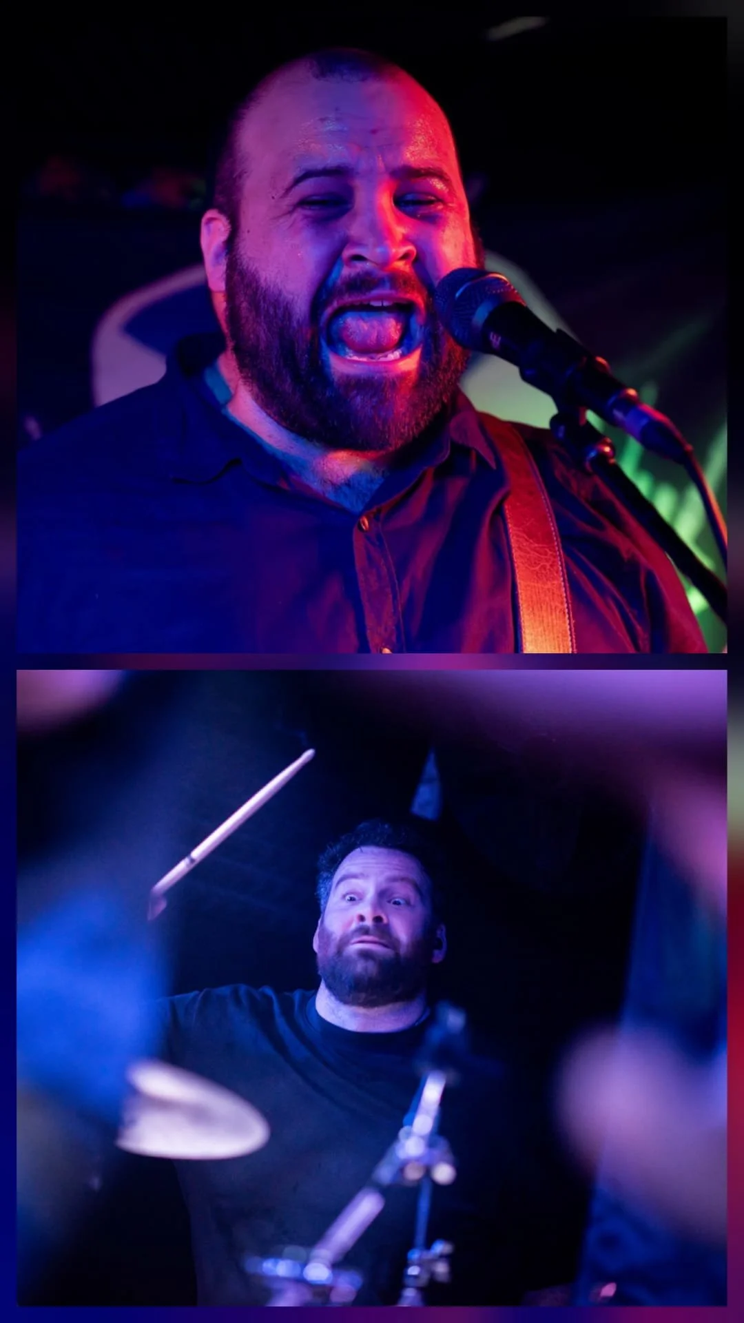 Close-up of SOMB Scared of My Brother Bass Player Toby Kirkwood singing into microphone, second image of Arthur Kinnear-Kirkwood playing drums, wearing a black shirt, with drumsticks and set in low lighting.