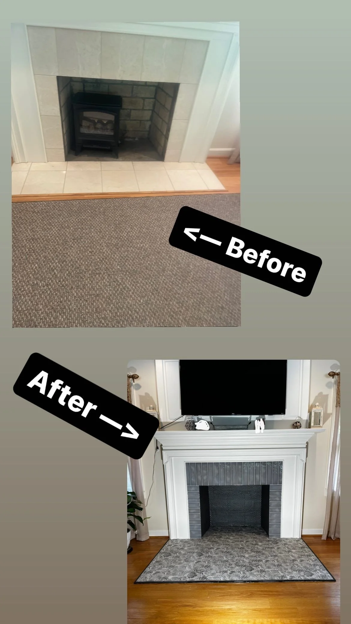Before and after images of a living room fireplace renovation. The before image shows an old fireplace with a small black heater inside and beige tiles, the after image shows a modern white mantel with a mounted flat-screen TV, a fireplace with brick