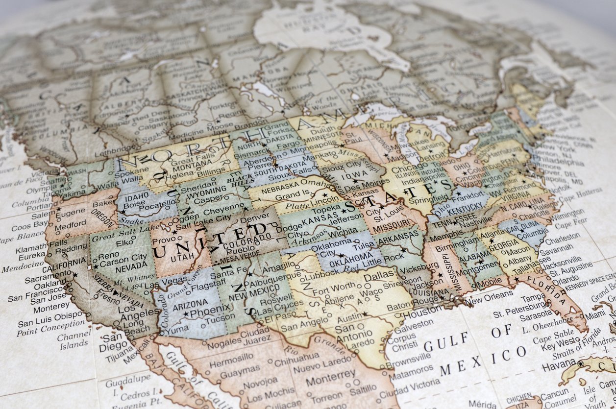 Close up of a map of the United States.