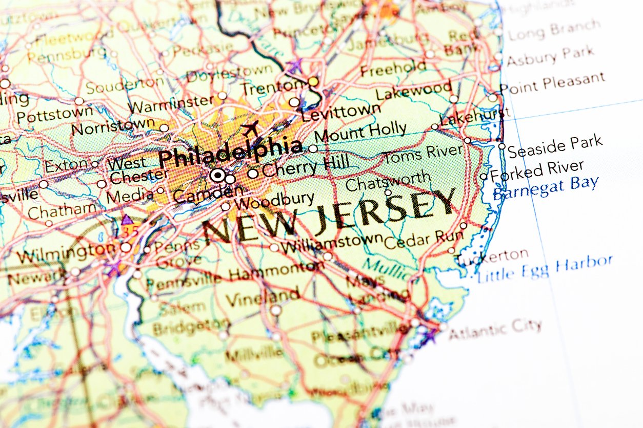 Close up of a map of New Jersey.