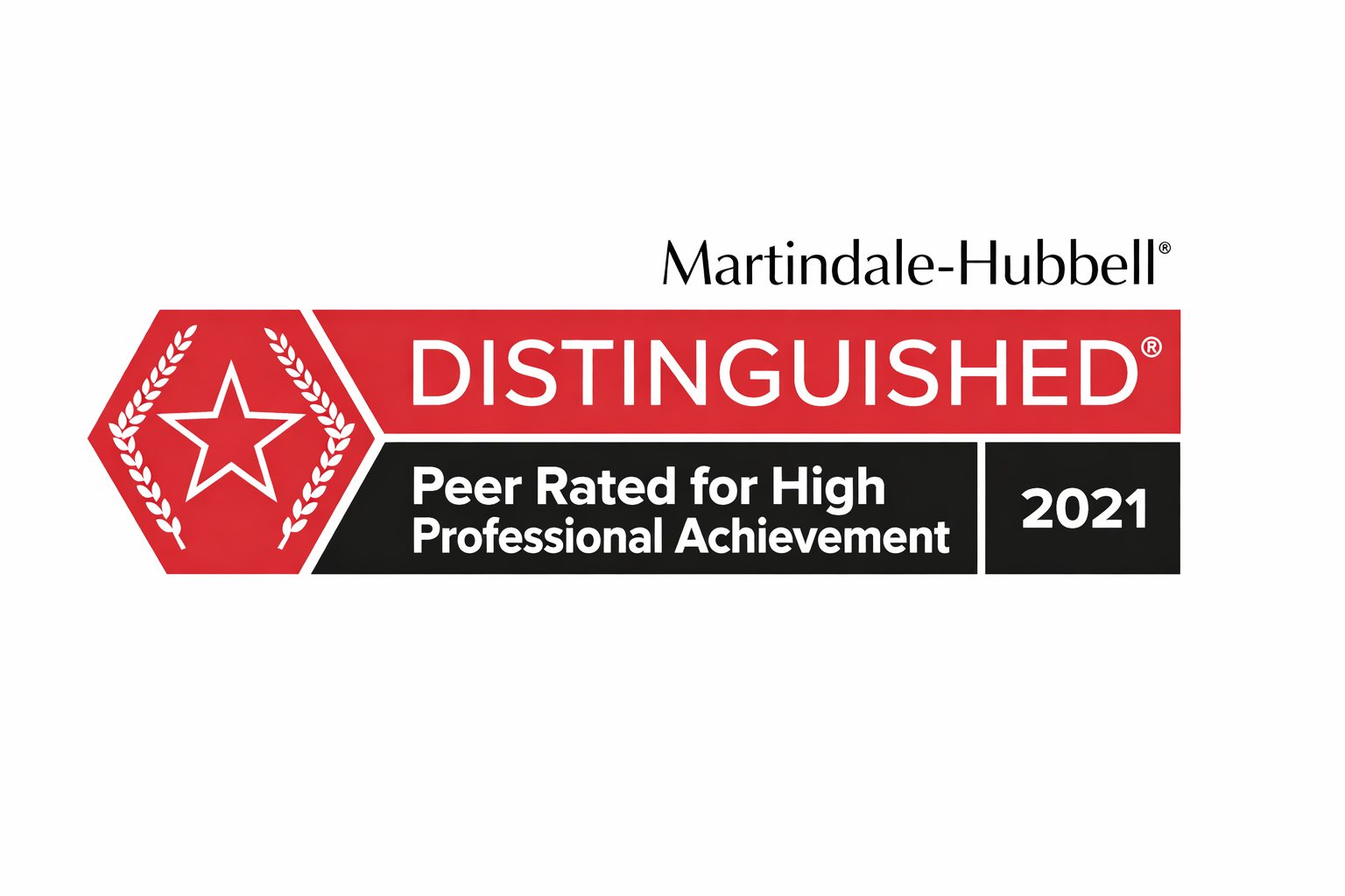 Badge with red hexagon and star logo, text 'Distinguished', 'Peer Rated for High Professional Achievement', the year '2021', and the name Martindale-Hubbell.