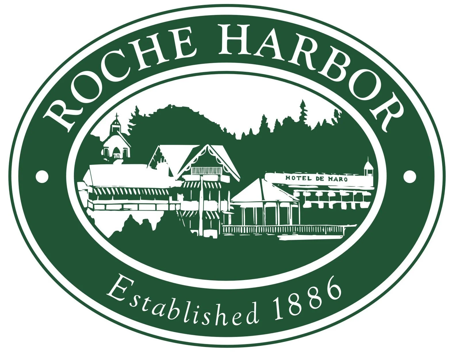 Seal of Roche Harbor showing a lakeside village with a church, hotel, and various buildings, surrounded by trees and hills, with the text "Roche Harbor," "Established 1886," and "Hotel de Haro".