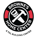 Logo for Browne's Home Center featuring a wrench and hammer crossed inside a circular emblem with a black, red, and white color scheme.
