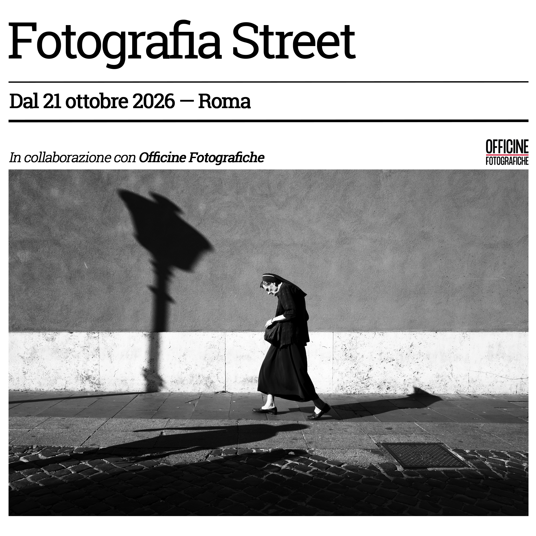 Fotografia street in bianco e nero una suora cammina a Roma con forti contrasti di ombre sul marciapiede, per il corso di fotografia di Stefano Mirabella.