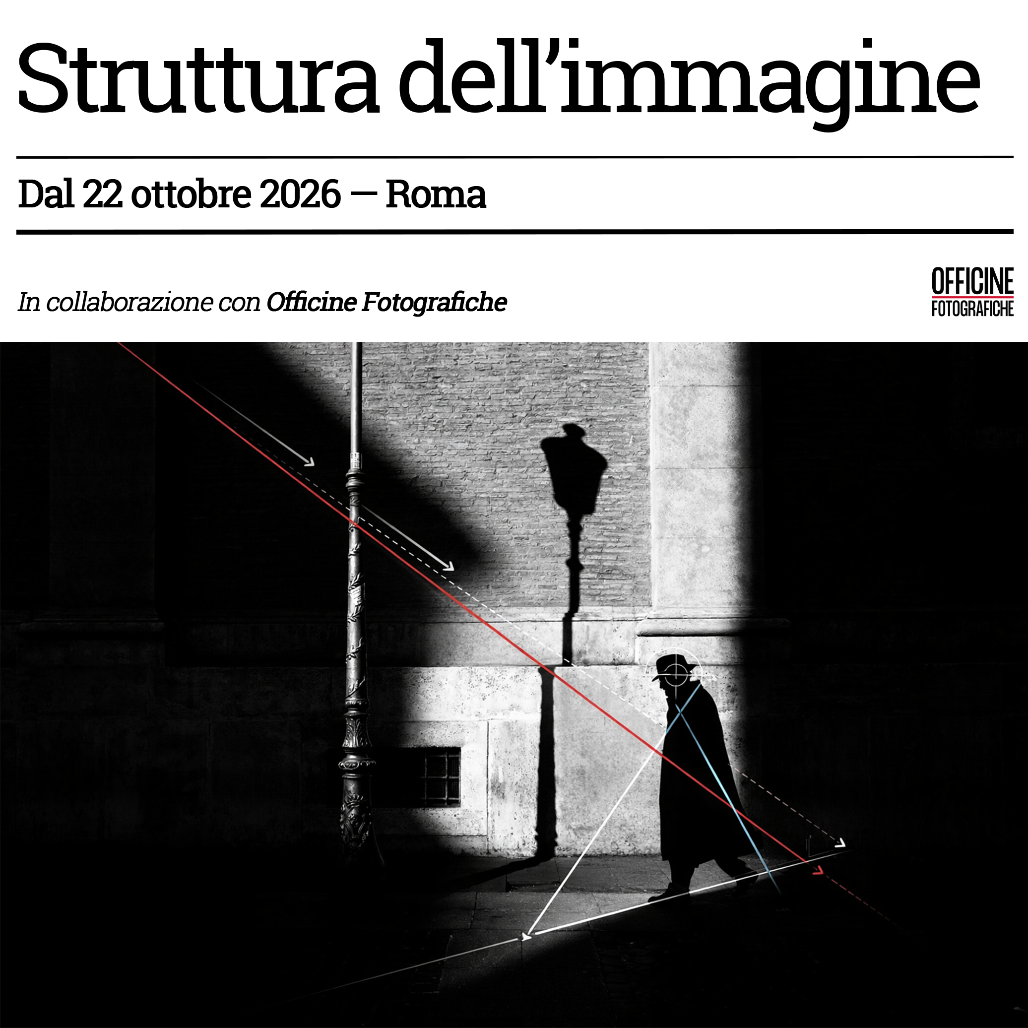 Analisi della struttura dell'immagine: foto street in bianco e nero a Roma con linee geometriche e diagonali di composizione fotografica, corso di Stefano Mirabella.