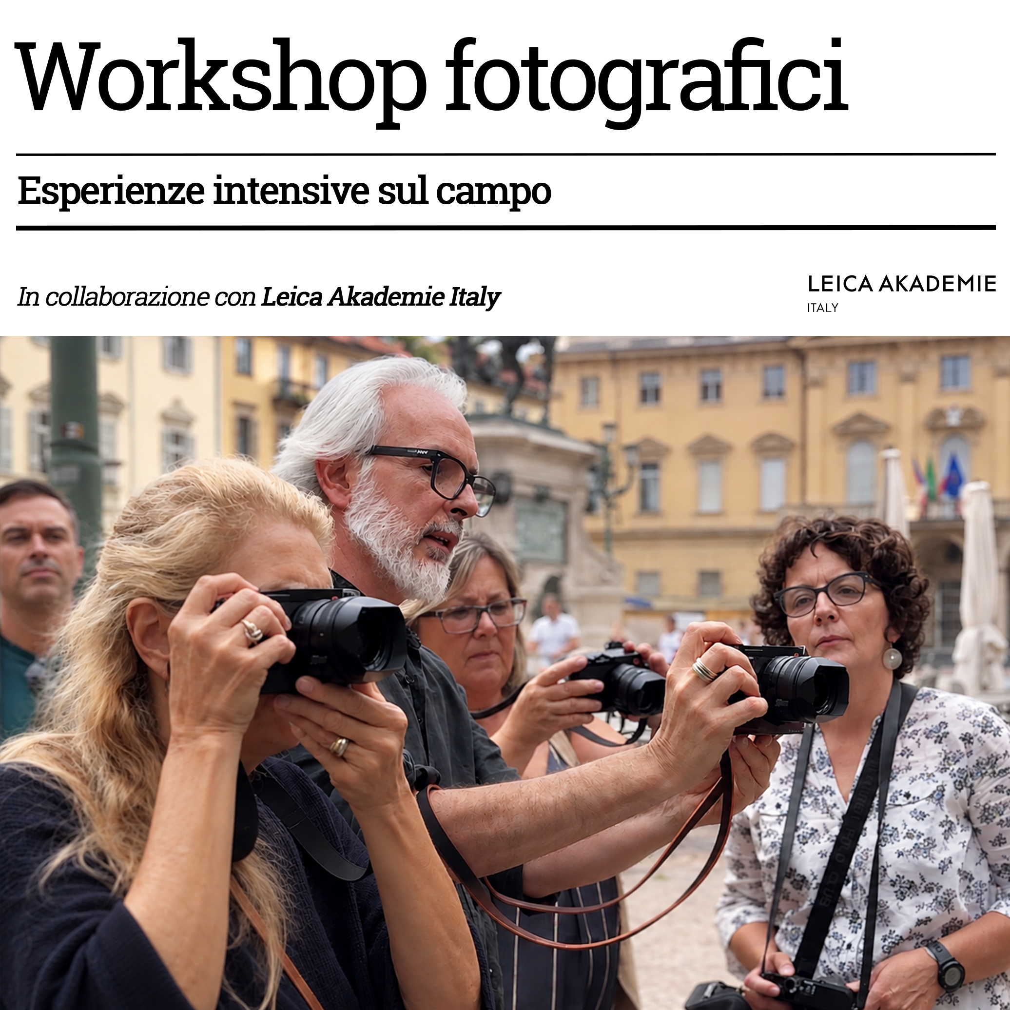 Stefano Mirabella guida un gruppo durante un workshop fotografico a Torino in Italia, mentre i partecipanti fotografano con le fotocamere leica.