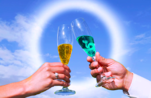 Two hands holding champagne glasses filled with gold and blue liquids, with a bright blue sky and a glowing halo in the background.