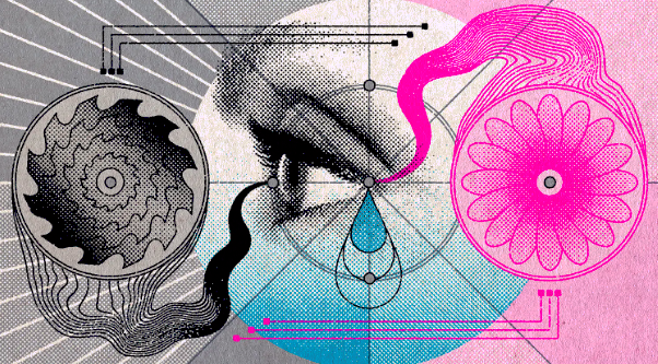 An artistic collage featuring a hand holding a pen above a surface, with abstract shapes, a water droplet, and geometric lines in blue, pink, black, and gray tones.