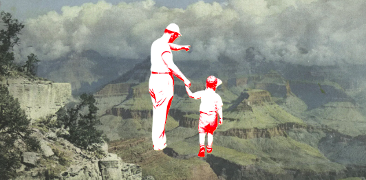 A digitally edited image of a person and a child holding hands, floating above the Grand Canyon with a cloudy sky in the background.