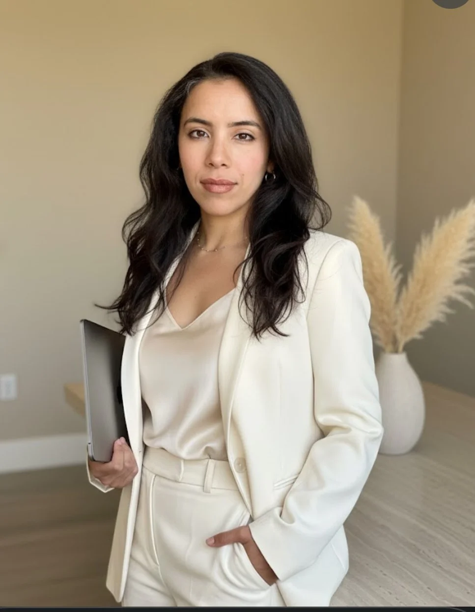 A woman with long dark wavy hair and light skin, dressed in a cream-colored blazer and matching trousers, standing in an indoor space holding a closed laptop, with a neutral background and pampas grass in a vase behind her.