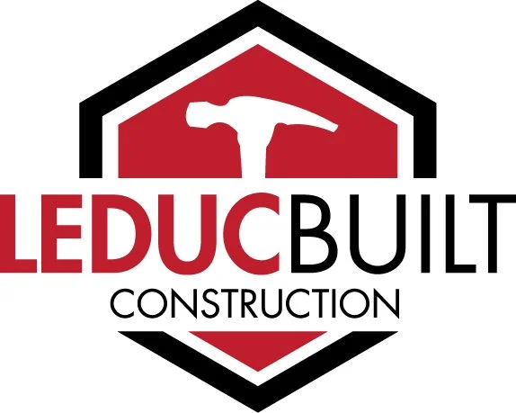 Logo for LEDUC Built Construction featuring a red and black shield with a hammer icon at the top.