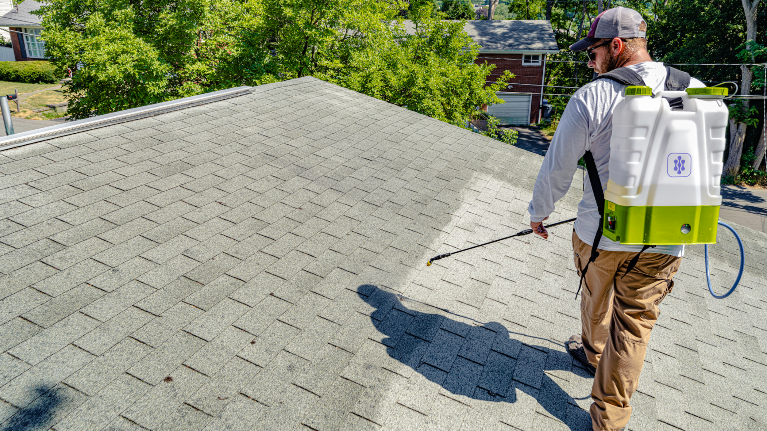 Person spraying a roof with a pesticide using a backpack sprayer on a sunny day.