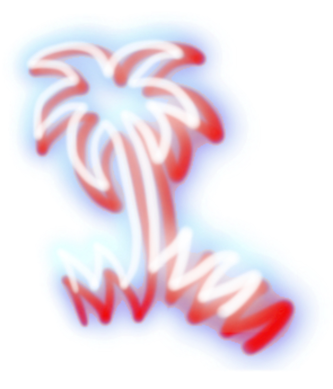 Neon sign of a palm tree with pink, blue, and white coloring