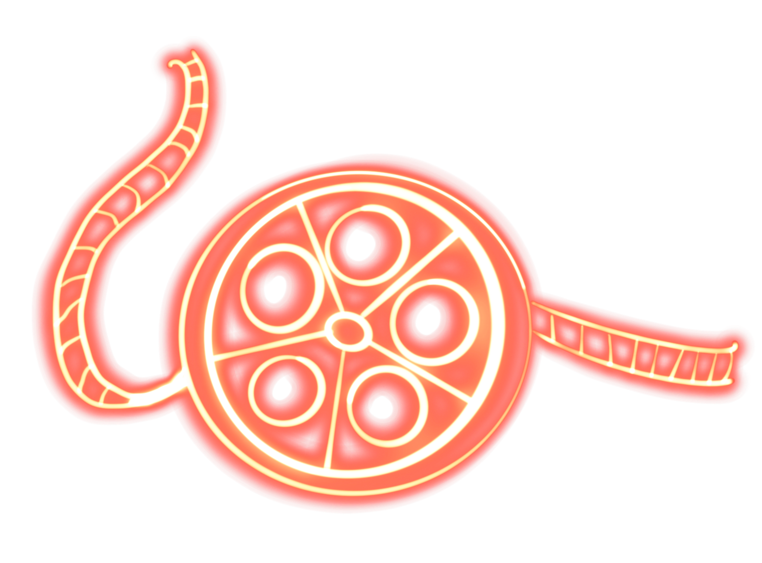 Neon sign of a pizza with a slice removed, glowing in red and white colors.