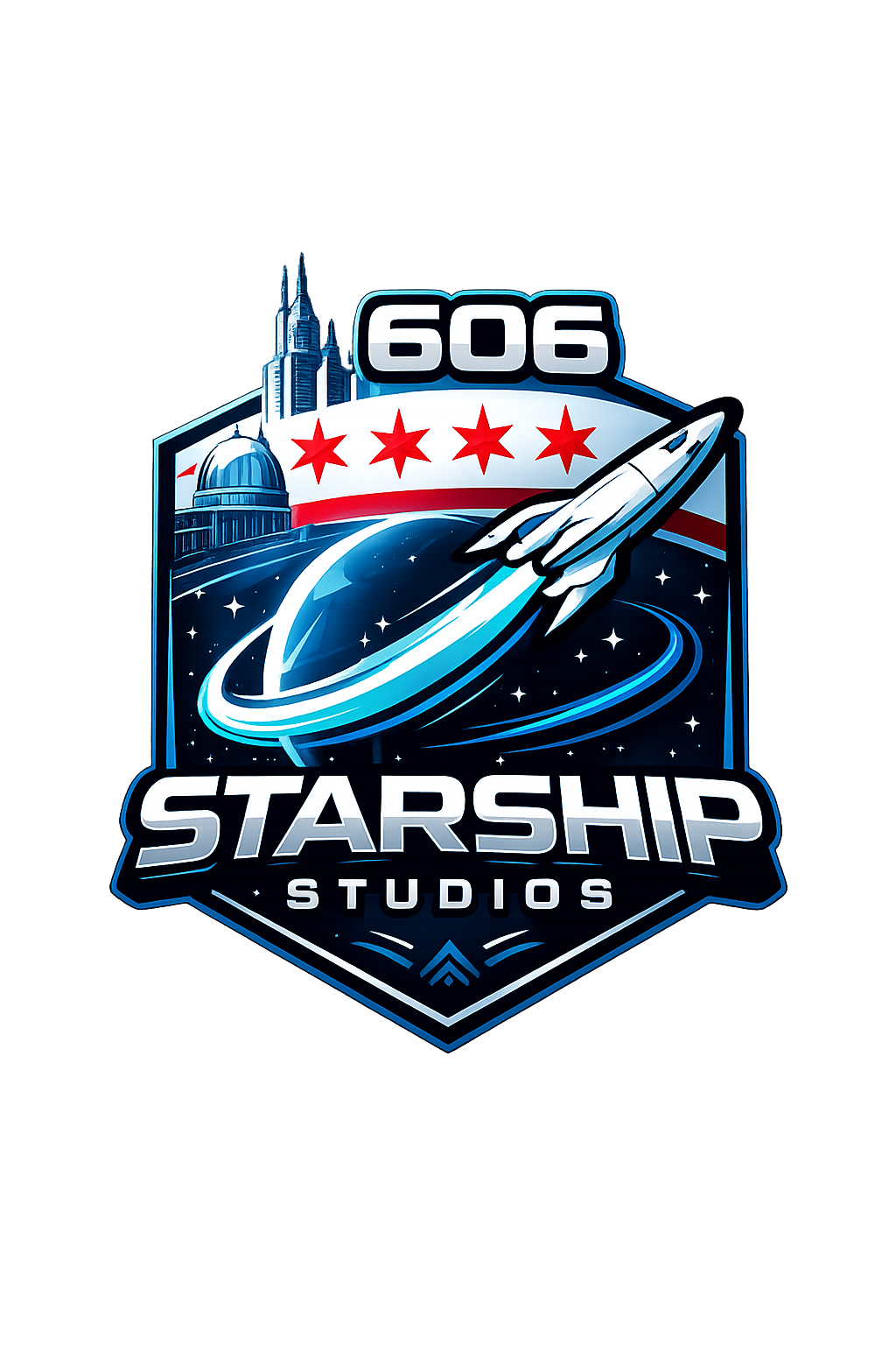 Futuristic space-themed logo for Starship Studios featuring a rocket, planet, stars, and city skyline.