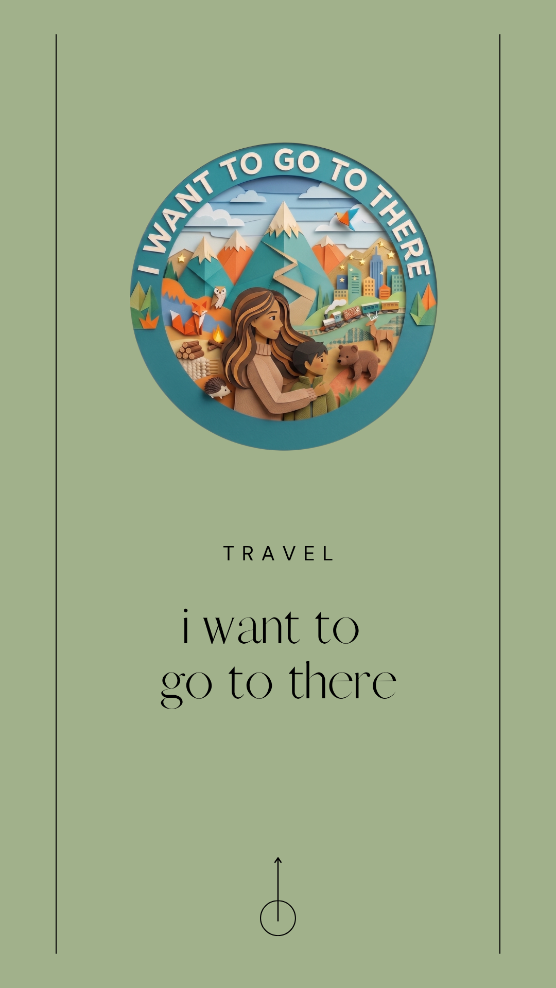 A travel-themed poster featuring a circular illustration of mountains, trees, animals, a train, and a girl with a child. The phrase "I WANT TO GO TO THERE" is at the top, and the word "TRAVEL" with the message "i want to go to there" is below on a green background.