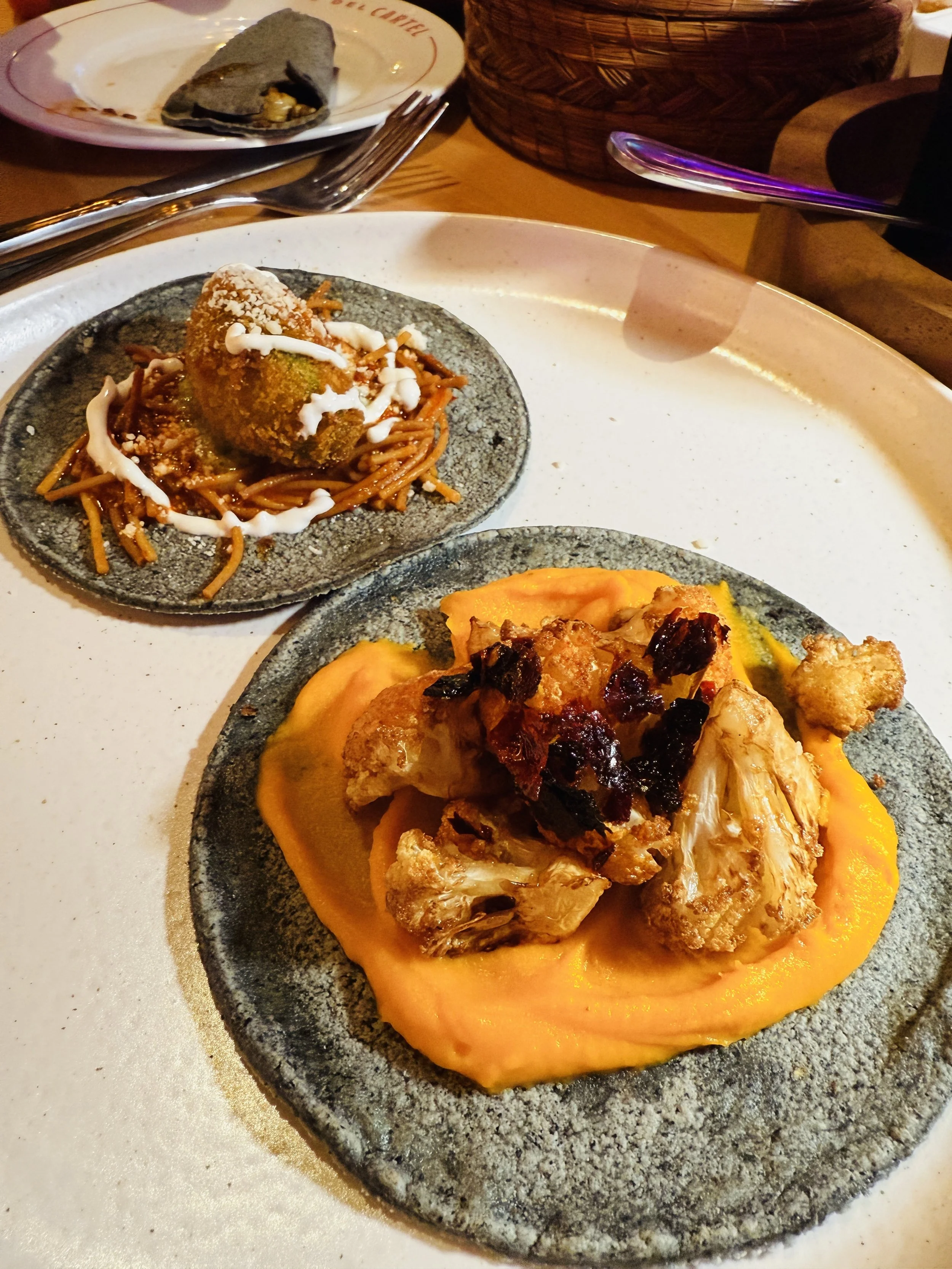 Tacos del Cartel: Fried Avocado Taco with Fideo and Fried Cauliflower Taco with Sweet Potato Puree