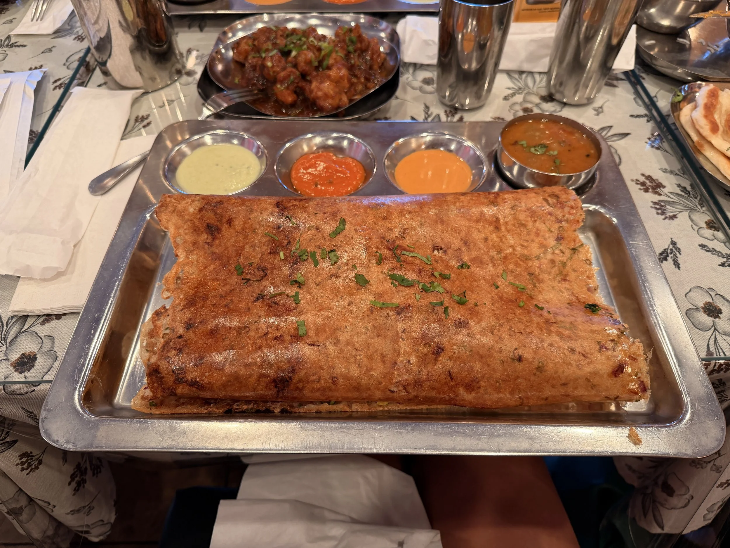 Indian Street Food: Rava Onion Masala Dosa, Gobi Manchurian and Naan