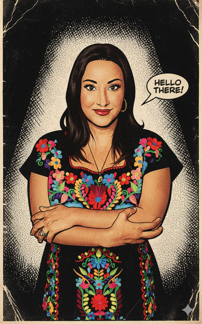 A woman with long dark hair, wearing hoop earrings and a colorful embroidered dress with floral patterns, smiling with arms crossed. She is saying 'Hello there!' in a speech bubble.