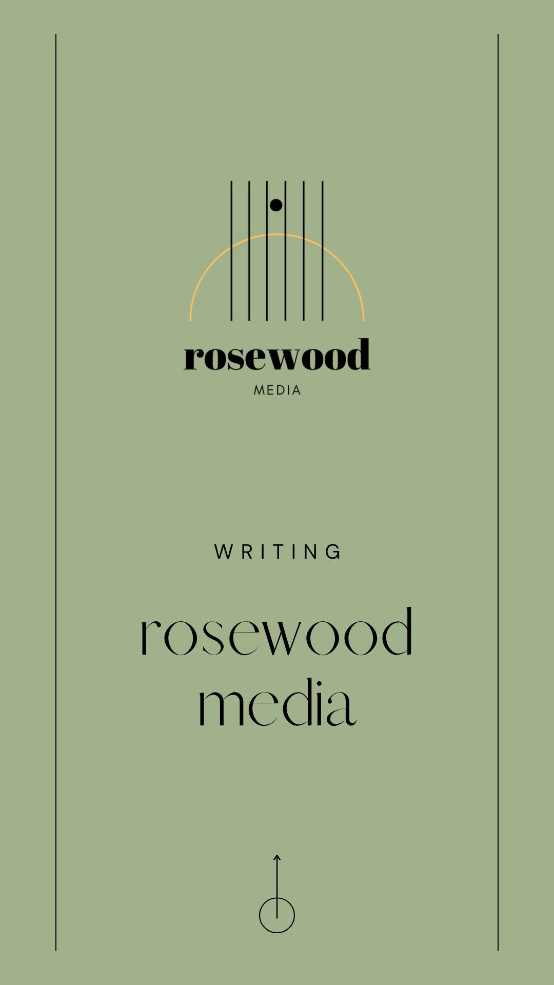 Design of a magazine cover with a green background, featuring a minimalist illustration of a soccer goal, the words 'rosewood media' above and 'writing' below, with the repeated phrase 'rosewood media' at the bottom.