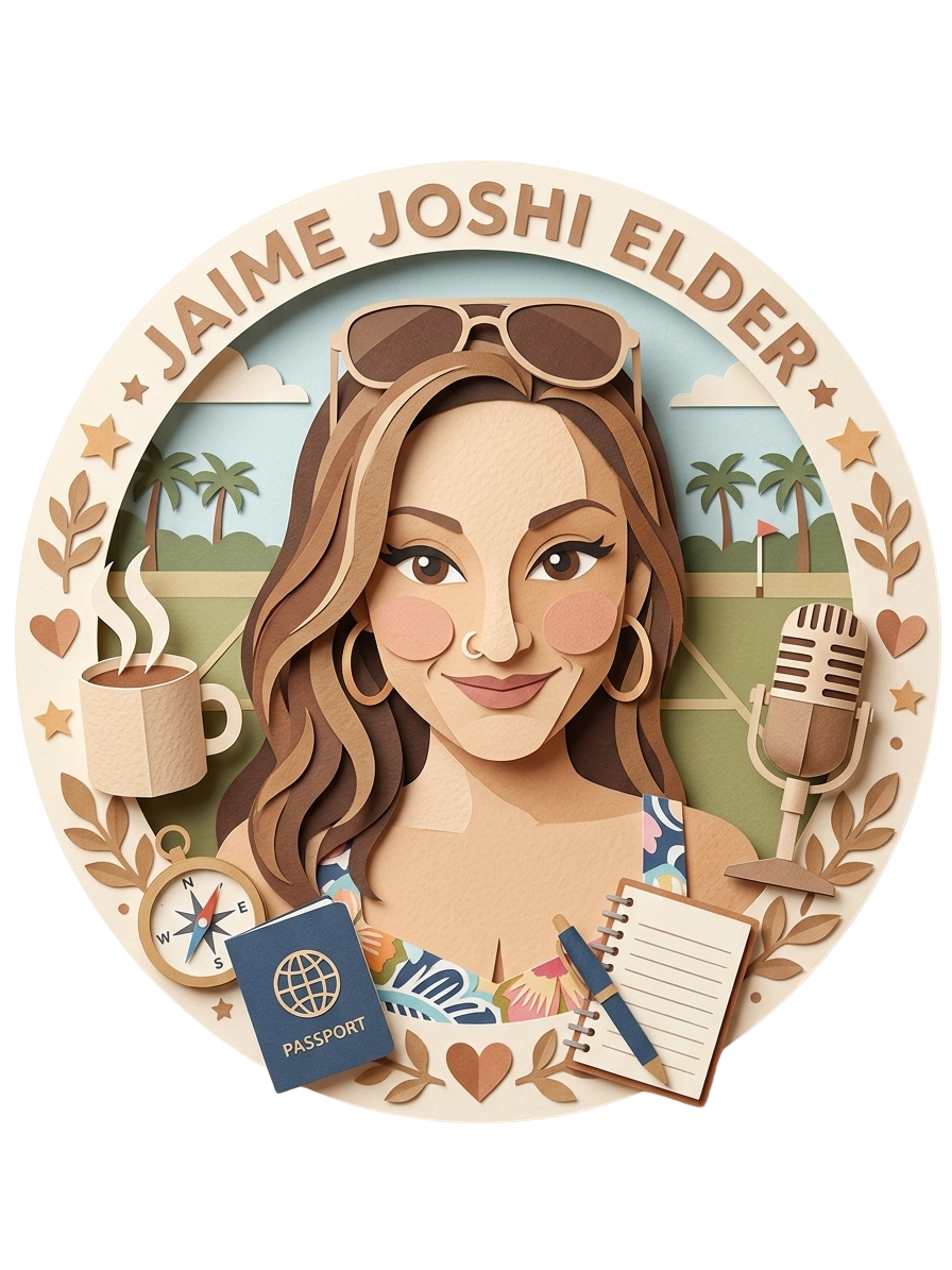 Digital illustration of a woman with wavy brown hair, sunglasses on her head, and hoop earrings, set against a tropical background with palm trees, clouds, and a flag. Surrounding her are travel-themed items including a passport, a notebook with a pen, a steaming cup, a microphone, and a compass. The top border features the text "JAIME JOSHI ELDER."