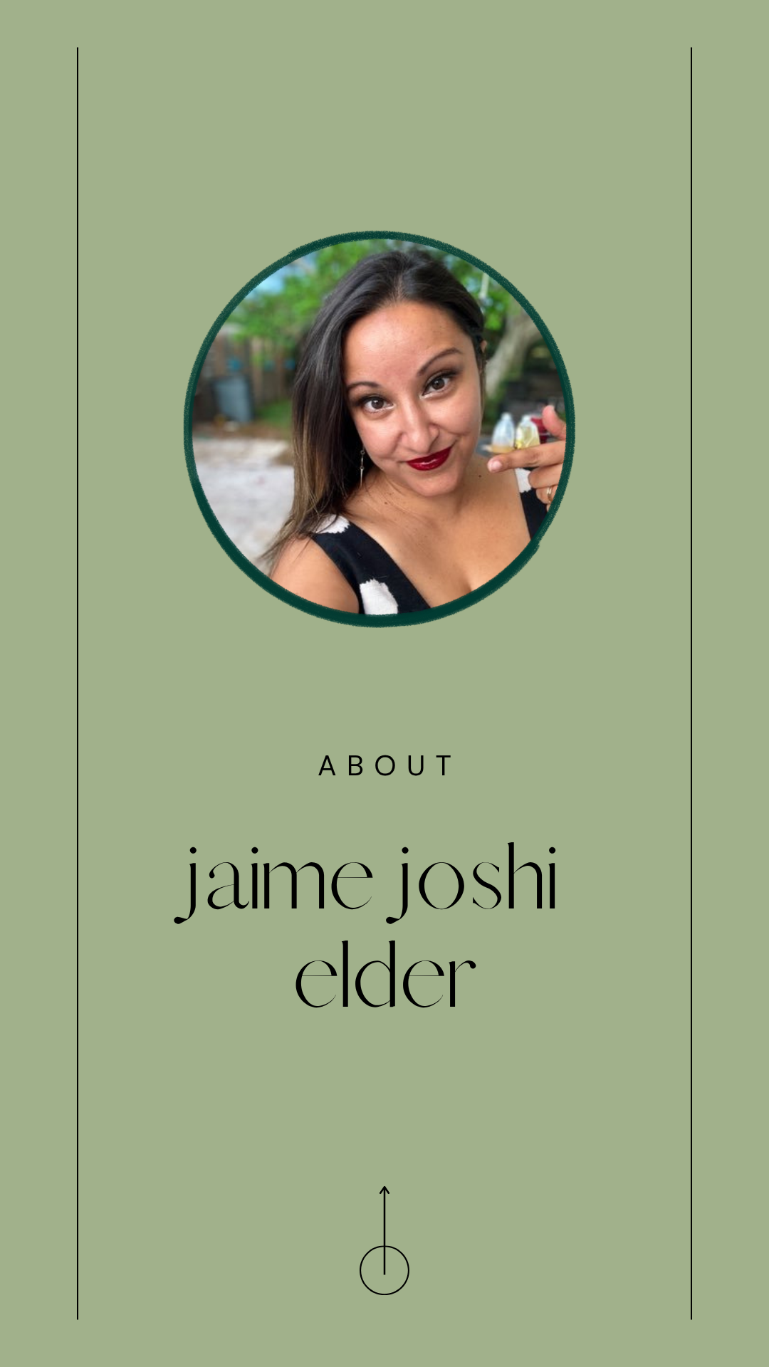 A profile image of a woman with dark hair and red lipstick, pointing to her face, on a green background with text about Jaime Joshi Elder.