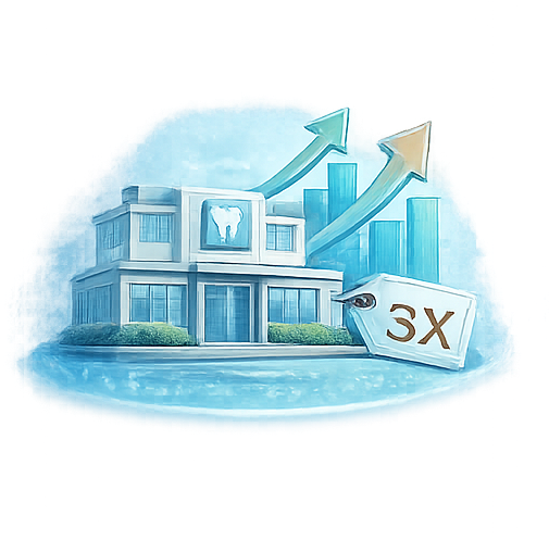 Illustration of a modern dental clinic with upward arrows, a graph of increasing bars, and a 3X growth indicator, symbolizing dental business growth and success.