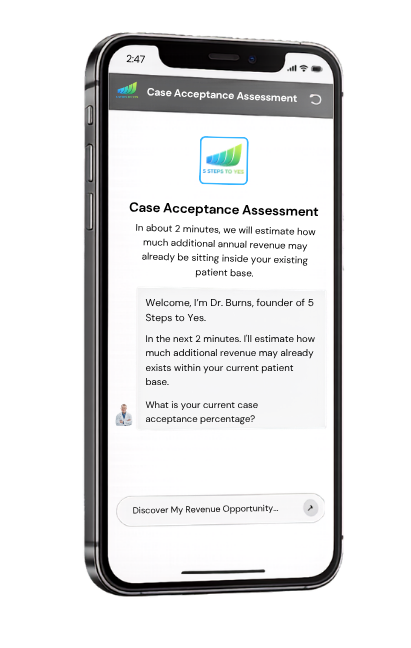 Smartphone displaying a case acceptance assessment app with a progress bar and a welcome message from Dr. Burns, founder of 5 Steps to Yes.