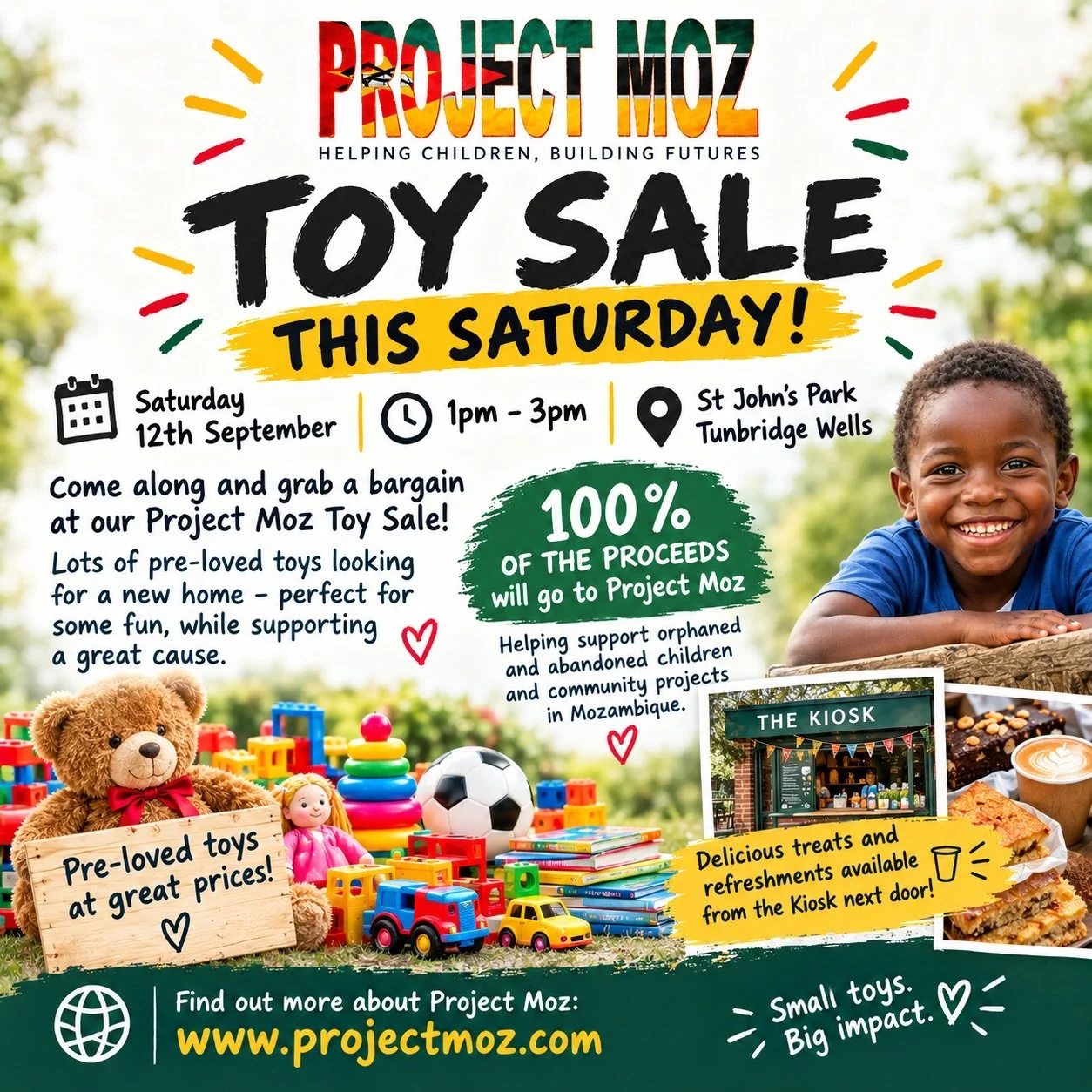 🧸 TOY SALE &mdash; THIS SATURDAY! 🧸

Looking for a bargain? Come along and support a great cause! ❤️

We&rsquo;re holding a Project Moz Toy Sale this Saturday at St John&rsquo;s Park, with lots of toys looking for a new home!

📅 Saturday 12th Sept