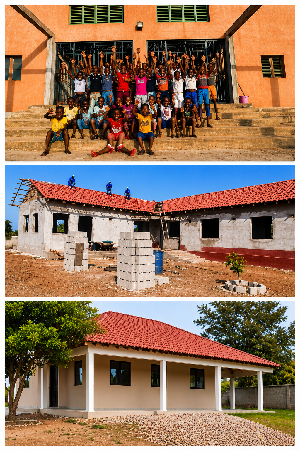 A large group of children standing on the steps of a building, smiling and raising their hands, with a building under construction in the background, and a finished house with a red tile roof and a porch in the foreground.