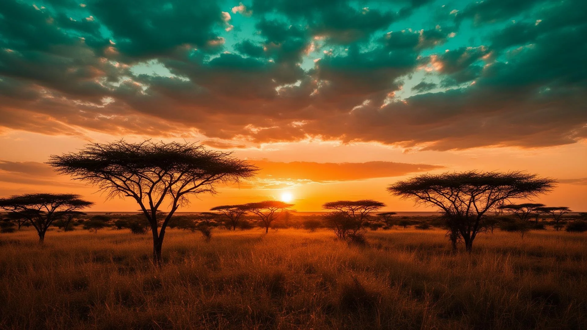 Sunset over an African savanna with silhouetted acacia trees and a dramatic sky with green and orange clouds.