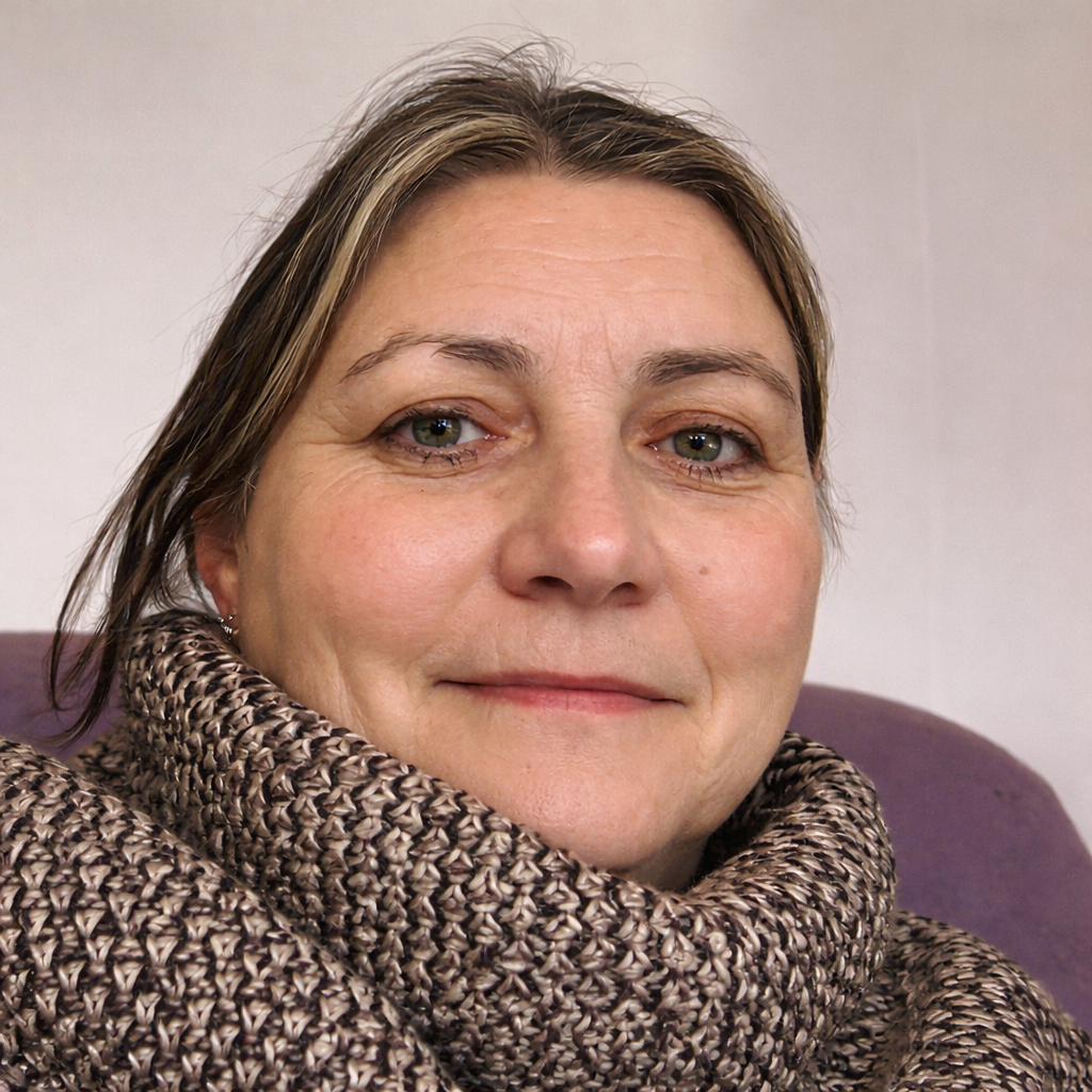 Close-up of a middle-aged woman with short brown hair, fair skin, and green eyes, wearing a thick patterned scarf and seated against a neutral background.