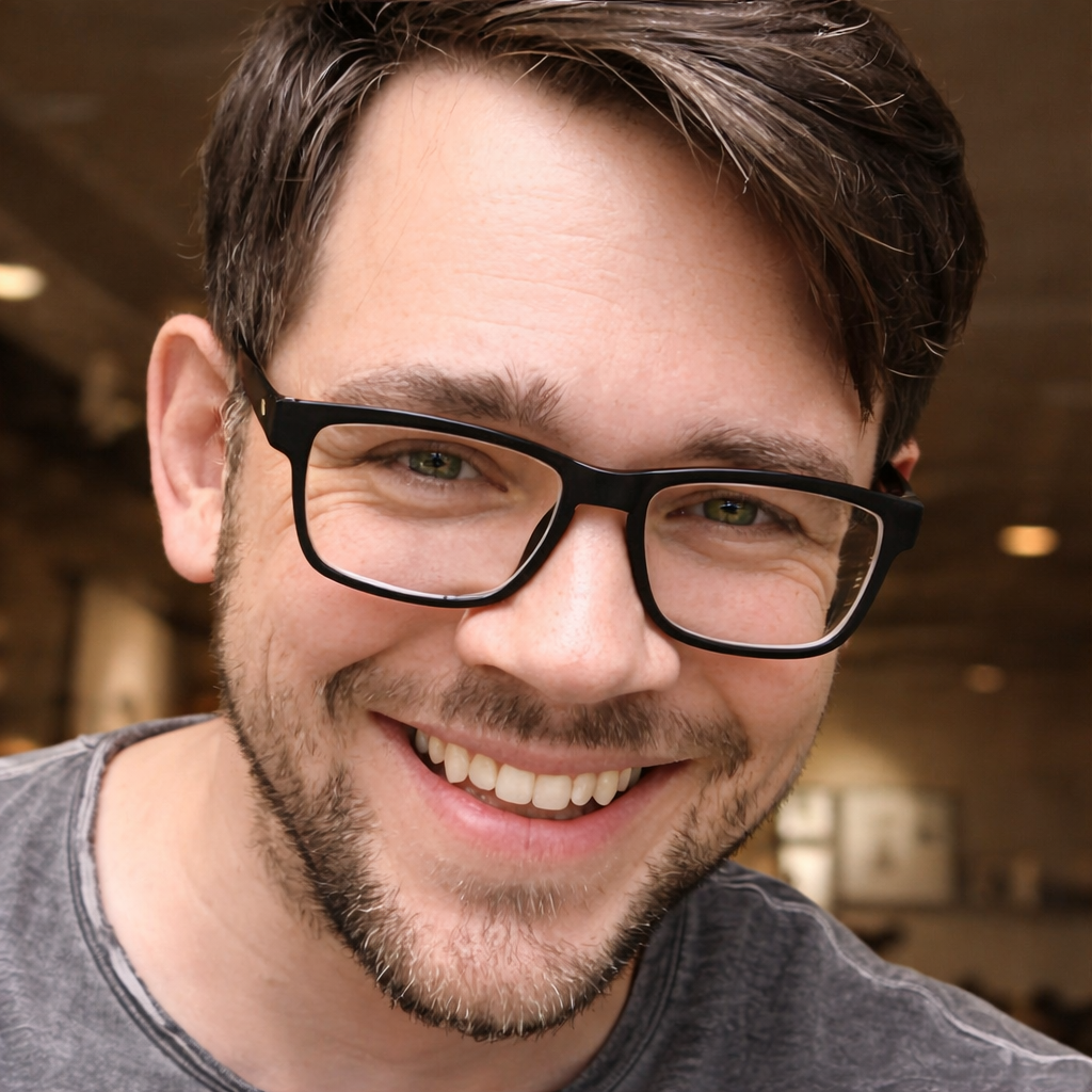 Close-up of a smiling man with glasses, brown hair, and a beard, in a well-lit indoor setting.